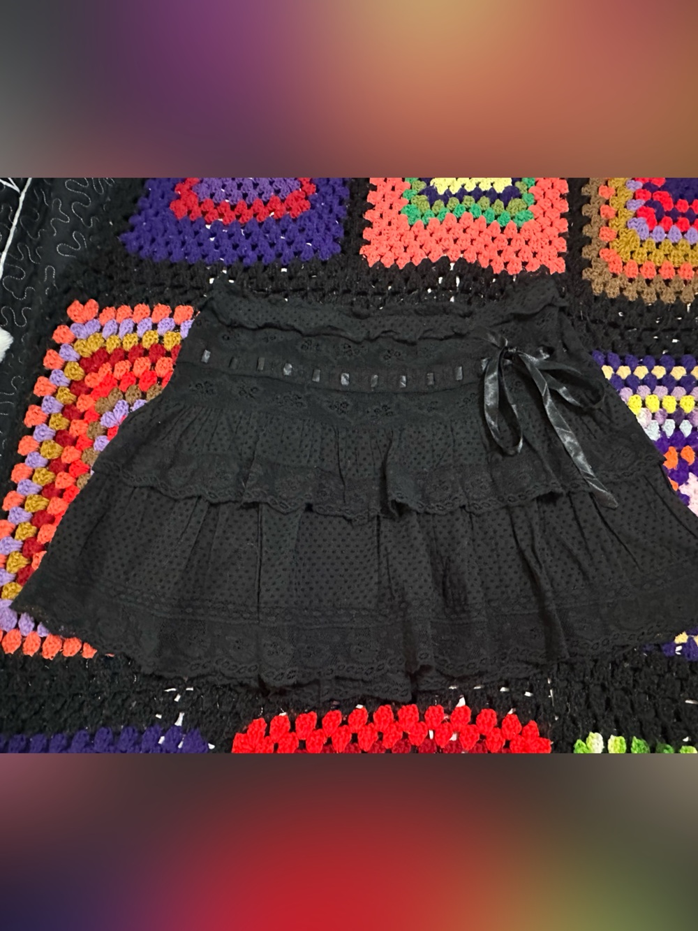 Love Shack Fancy Black Lace Ruffle Mini Skirt NwOT